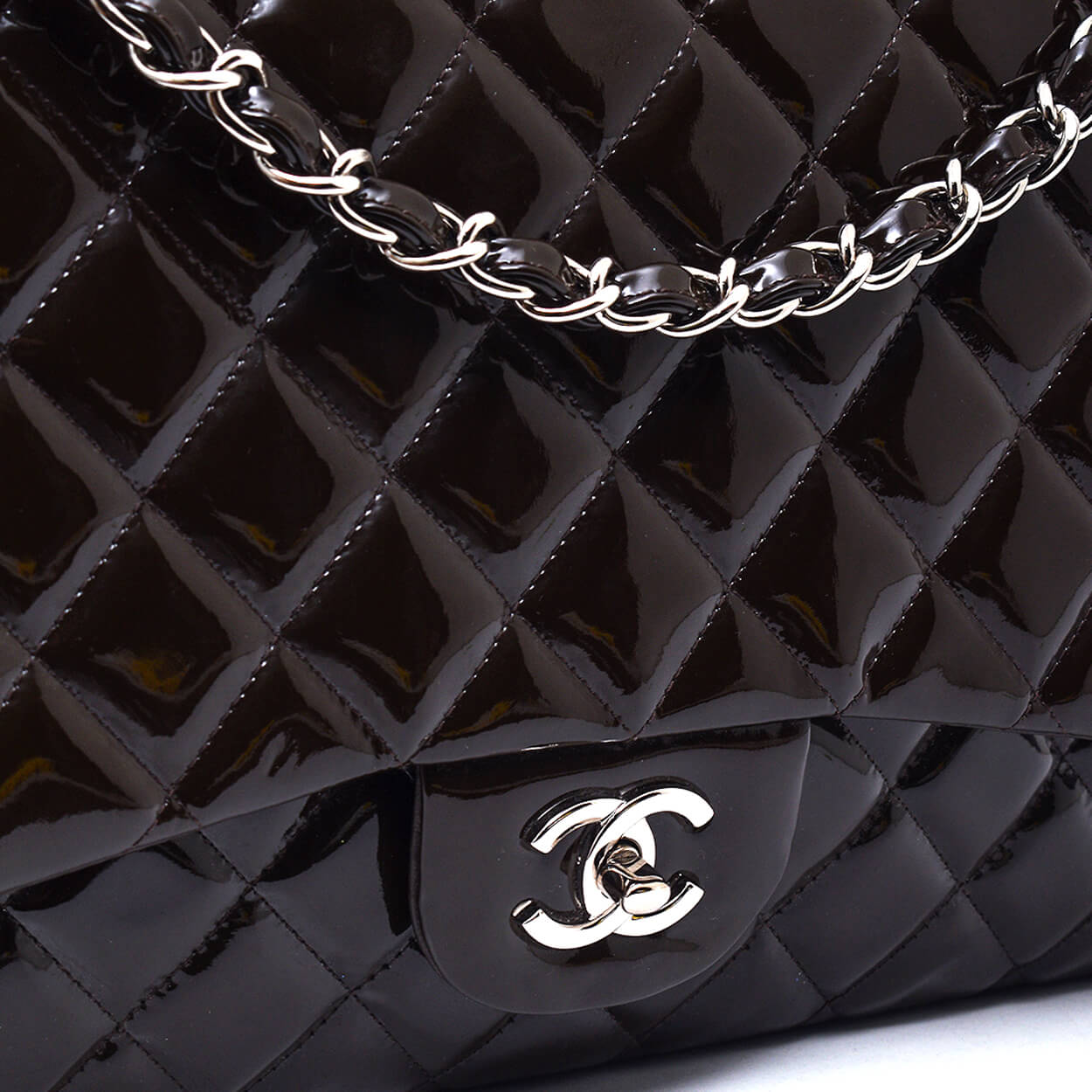 Chanel - Khaki Quilted Patent Leather Maxi Jumbo Single Flap Bag